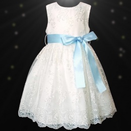 Girls Ivory Floral Lace Dress with Baby Blue Satin Sash